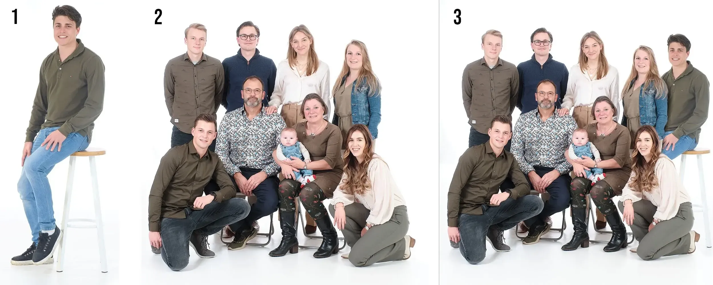In drie eenvoudige stappen zie je duidelijk hoe de foto’s naadloos zijn samengevoegd tot een mooi geheel. De persoon die op de kruk zit, is met zorg en aandacht aan de bestaande groep toegevoegd. Dit werd mogelijk gemaakt doordat we gedurende de hele sessie dezelfde lichtinstellingen hebben gebruikt en de keuze voor dezelfde lens is toegepast, waardoor de samenhang en consistentie in de beelden gewaarborgd zijn.